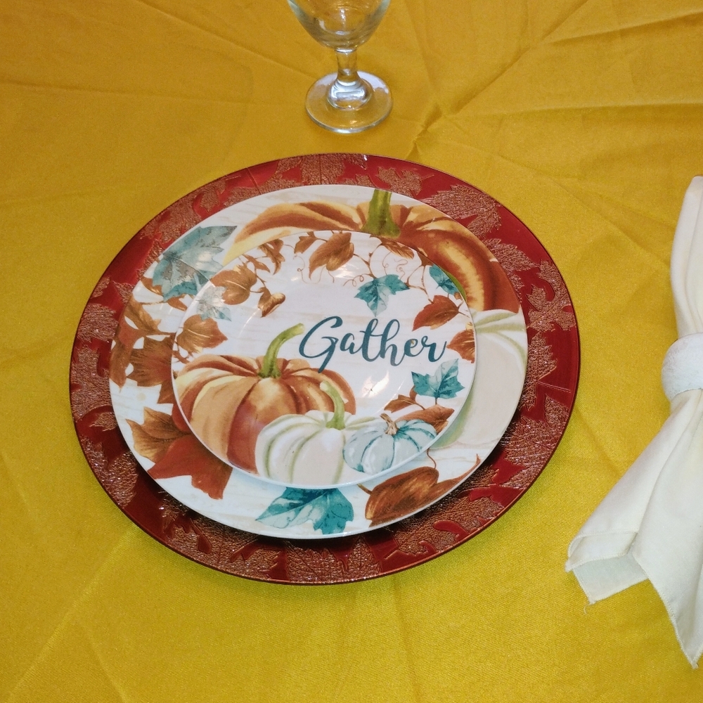 Set of 4 Maroon Fall Charger Plates with Engraved Leaf Trim.